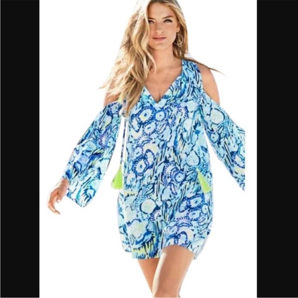 Lilly Pulitzer women’s XXS Benicia tunic cold shoulder dress blue green abstract